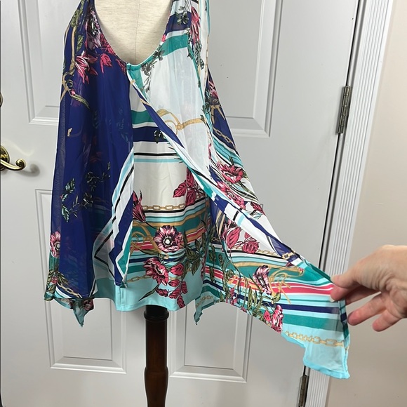 NWT Gorgeous Roz & Ali Asymmetrical Blue and Green Flowy Blouse - Size Large - Picture 6 of 12